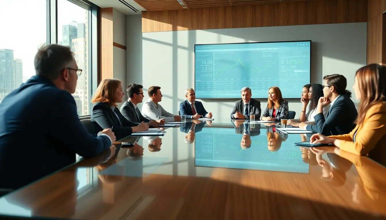 A dynamic boardroom scene featuring a diverse group of professionals discussing stock market strategies. Natural daylight pours in through large windows, illuminating the sleek glass table where animated discussions occur. The composition highlights key figures engaging with stock charts projected on the wall, immersed in a warm color palette of wood tones and vibrant business attire.
