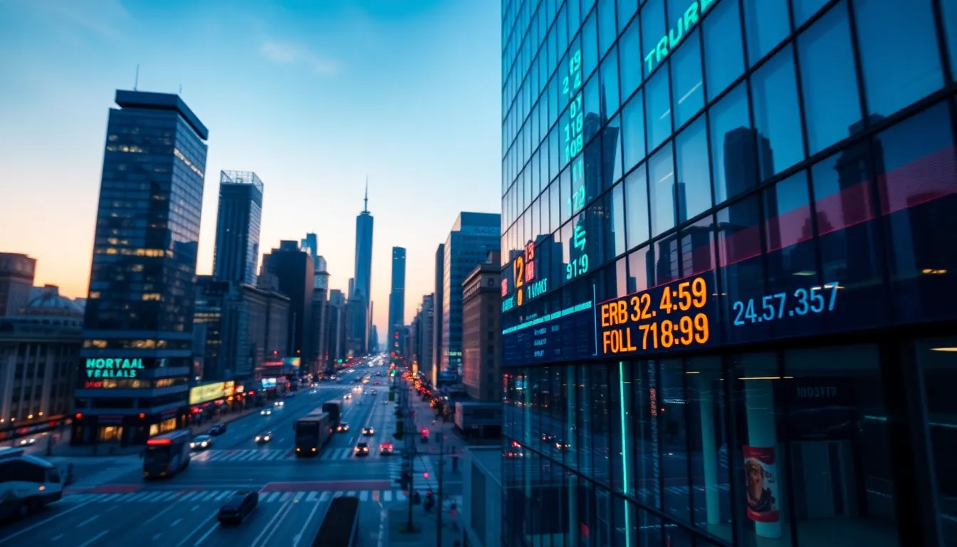 A stunning twilight capture of a modern city skyline where stock market indicators glow on the façade of a skyscraper. The vibrant neon lighting creates a dynamic ambiance with teal and orange reflections dancing on the glass surfaces. Using hyperfocal distance, every detail from the bustling streets to the towering building is crystal clear, evoking a sense of financial vitality against a rich blue evening backdrop.