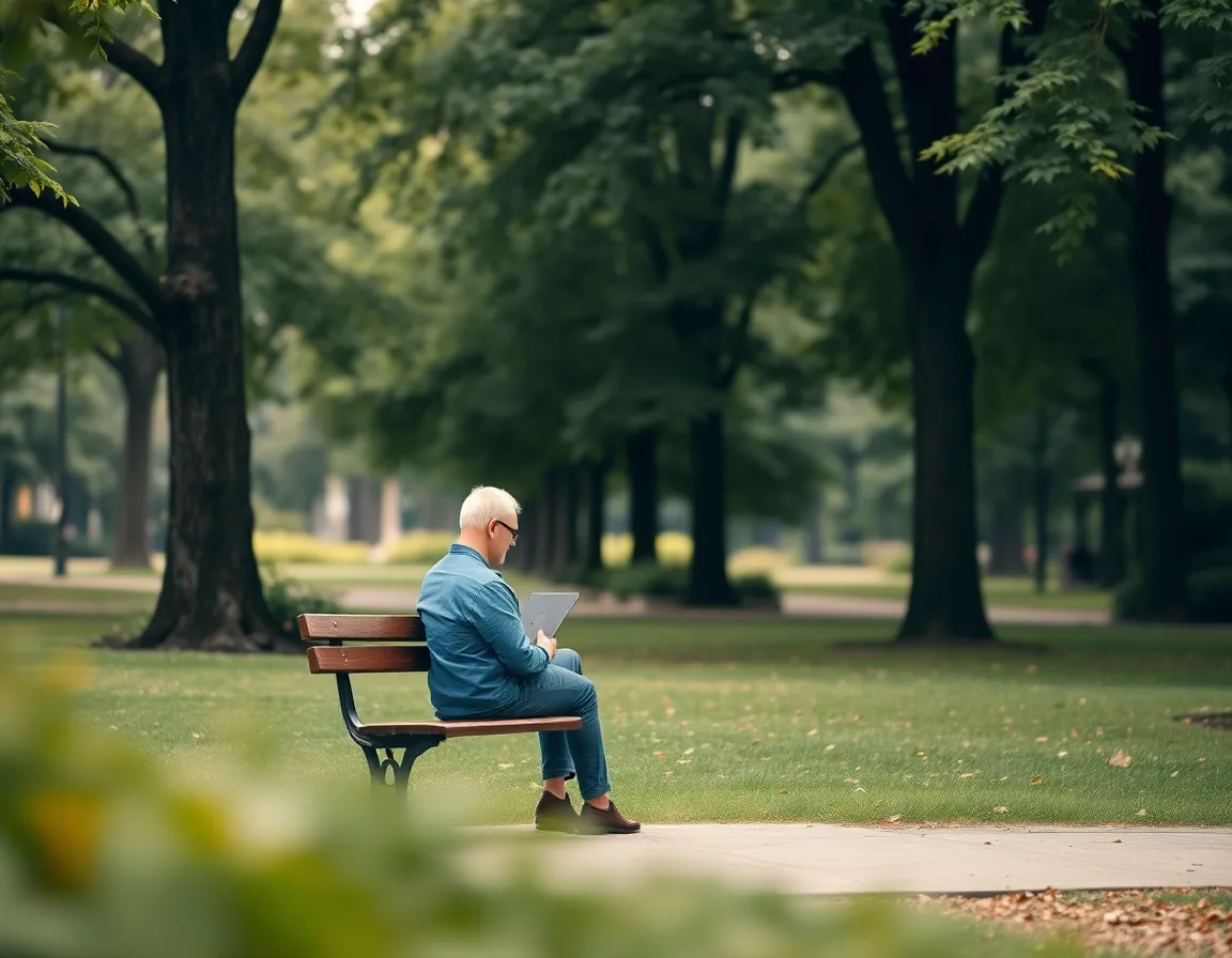 A serene scene of an investor sitting on a bench in an urban park, absorbed in reviewing financial reports on a laptop. The overcast daylight offers even lighting, casting a calm atmosphere. Surrounded by lush greenery, the muted earth tones create a harmonious balance between nature and the financial world, accentuated by the shallow depth of field.