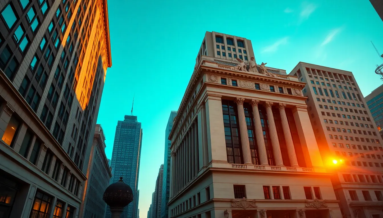 The magnificent facade of a stock exchange stands prominently against a vibrant sunset sky. Warm golden hour light beautifully highlights the architectural details, while the surrounding cityscape fades into a soft blur. The symmetrical composition enhances the majestic feel of the building, creating a striking visual impact. The cinematic teal and orange grading infuses the scene with energy, reflecting the bustling activity of the financial district.
