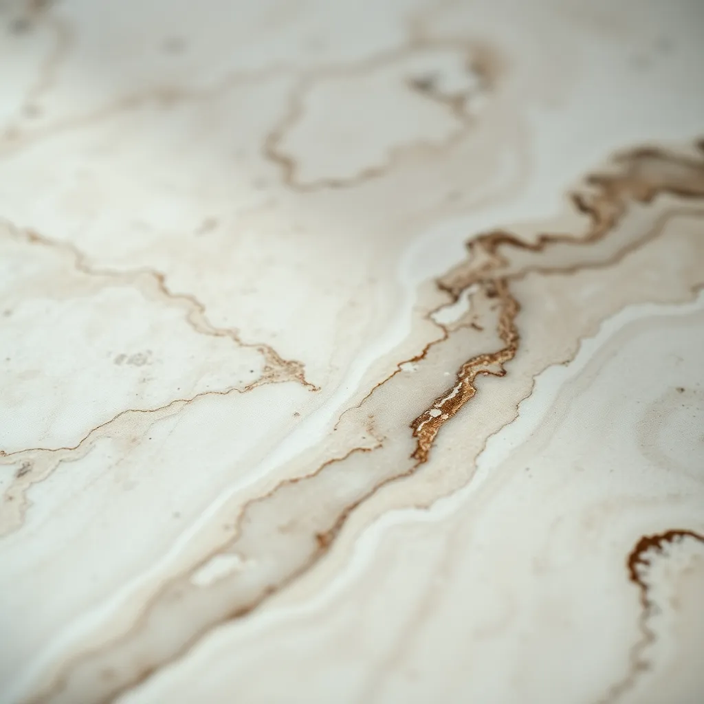This abstract macro image captures the elegance of a polished marble surface, highlighting its smooth, glossy texture and intricate veining. Soft studio lighting enhances the sheen, while a shallow depth of field creates a dreamy atmosphere. The leading lines composition draws the eye along the natural flow of the marble, evoking sophistication and luxury. Warm undertones from the Kodak Portra palette further enrich the image's visual appeal.