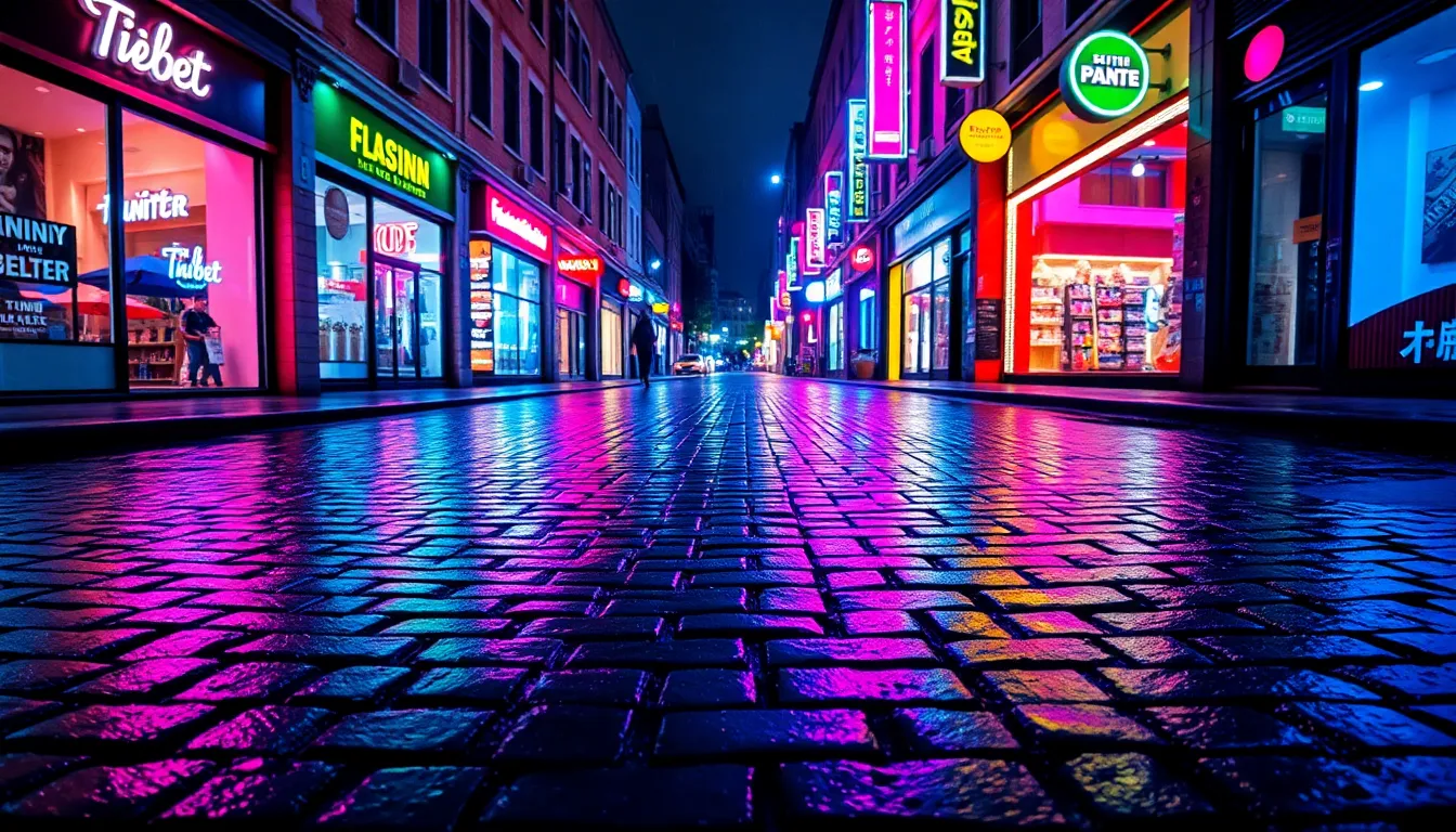 Vibrant Cobblestone Street After Rain
