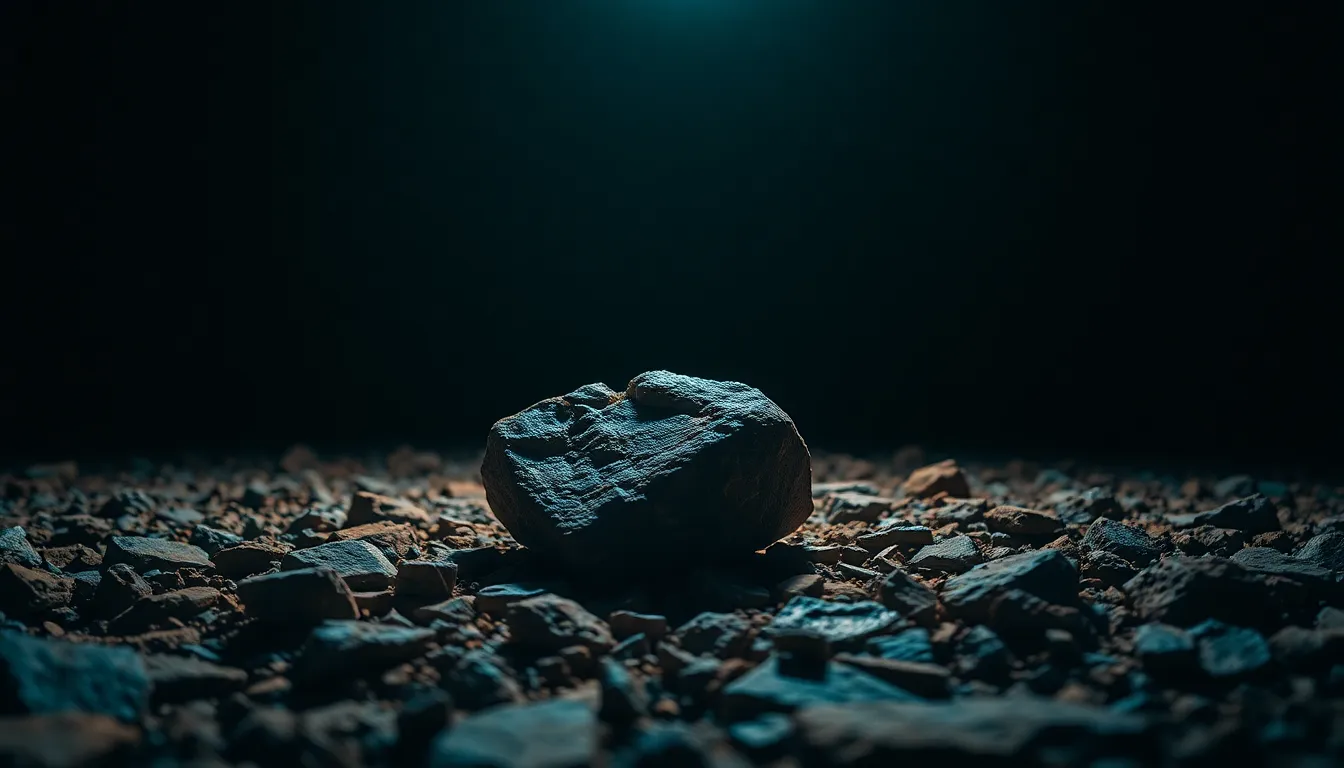 This image showcases a rough stone illuminated by a single overhead light source that creates striking contrasts and shadows. The shallow depth of field beautifully isolates the stone's rich texture, while the cinematic teal and orange color grading adds a dramatic flair. The composition follows the rule of thirds, drawing attention to the stone's unique features and providing a striking contrast against the dark background. Perfect for highlighting natural materials in creative projects.