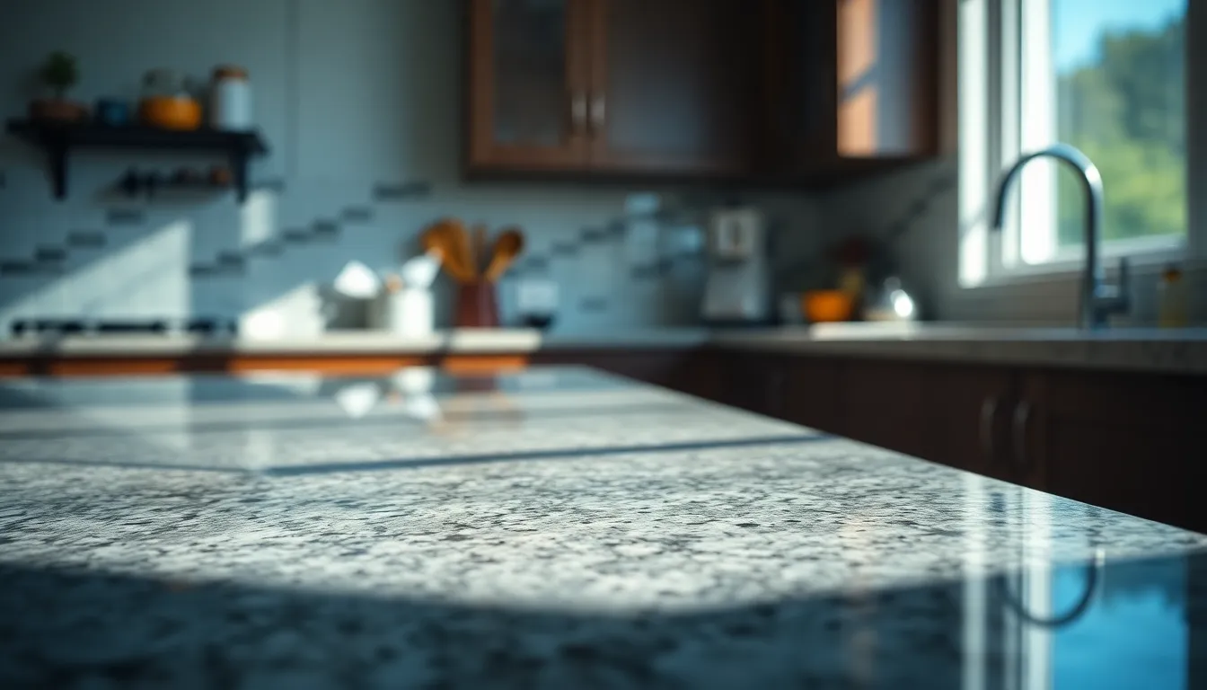 This dynamic image captures the elegance of a sleek granite countertop illuminated by afternoon light. The sharp highlights and shadows create depth, while a shallow depth of field adds a soft bokeh effect to the kitchen's background elements. Inspired by Fujifilm Velvia, the saturated colors emphasize the granite's cool grays and blues, inviting appreciation for its smooth texture and modern aesthetic.