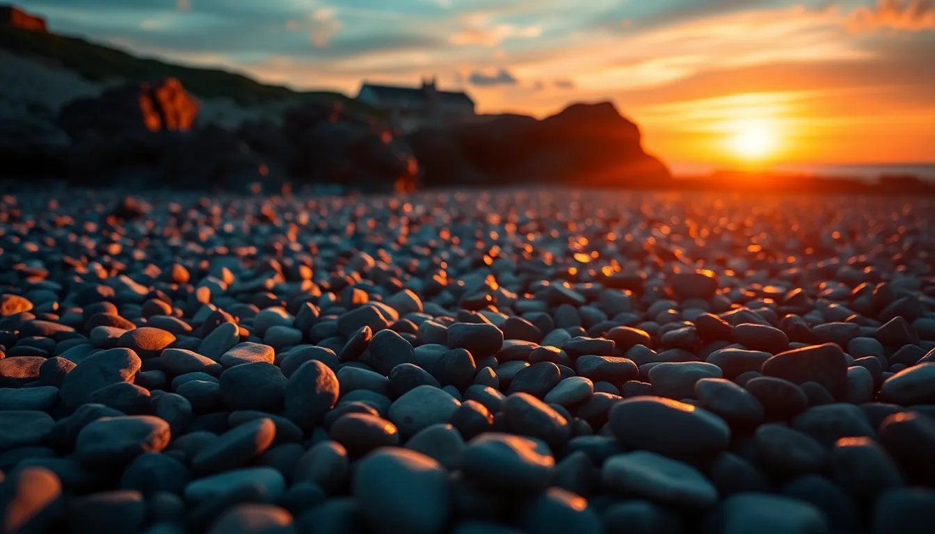 Smooth Pebbles on Rocky Beach at Sunset