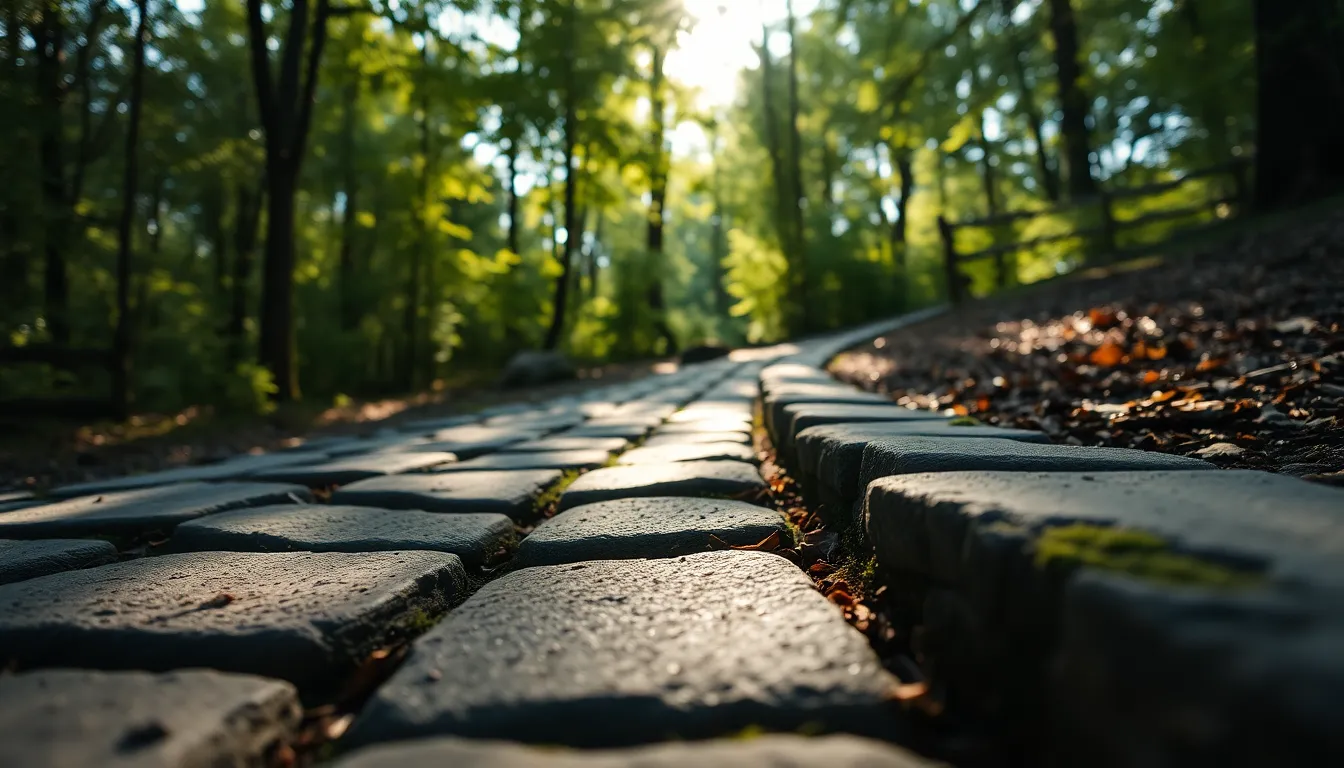 This exquisite image captures a sunlit stone pathway winding through a lush forest, where dappled sunlight creates a play of light and shadow on the surface. The earthy color palette of muted greens and browns reflects the tranquil atmosphere of nature. With sharp focus on the textured stones, the viewer is guided along the pathway, enhanced by the surrounding foliage that softly blurs into the background. Leaf litter and moss enrich the details, showcasing the beauty of an outdoor escape.