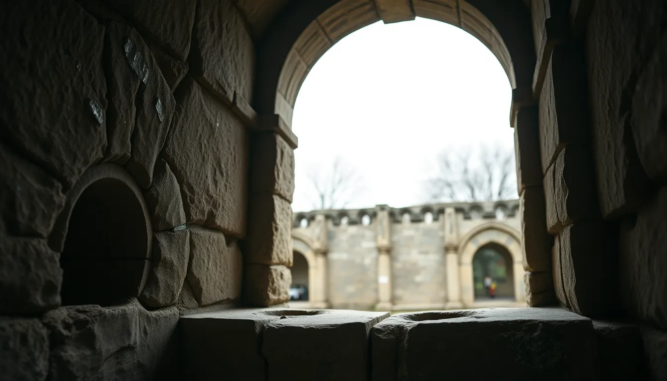 This stunning image features a weathered stone archway adorned with intricate carvings, captured during overcast daylight. The soft light creates a serene atmosphere, while the shallow depth of field emphasizes the stone's textures. The muted earth tones and lichens add character, inviting viewers to explore its history. The composition leads the eye through the arch, creating a sense of depth and immersion in this architectural marvel.