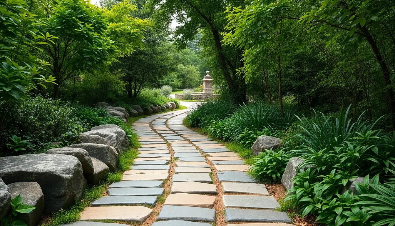 This detailed image captures a natural stone pathway winding through a vibrant green garden. Soft overcast lighting enhances the warm gray tones of the stones, creating a serene and inviting scene. The sharp detail from foreground to background emphasizes the beauty of the pathway and surrounding flora. With leading lines guiding the viewer deeper into the garden, this image is ideal for landscaping and outdoor design projects.