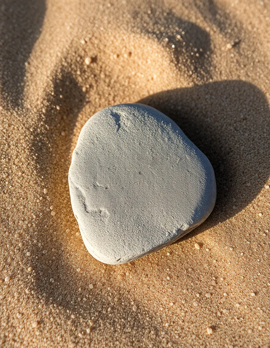 This serene image features a smooth river stone resting on a bed of fine sand, captured in the soft light of early morning. The contrast between the stone's cool gray tones and the warm beige sand creates an inviting visual balance. The isolation of the stone through shallow depth of field emphasizes its smooth texture, while the blurred background enhances the calm atmosphere. The thoughtful composition draws the viewer's eye to this natural pairing, inviting reflection.