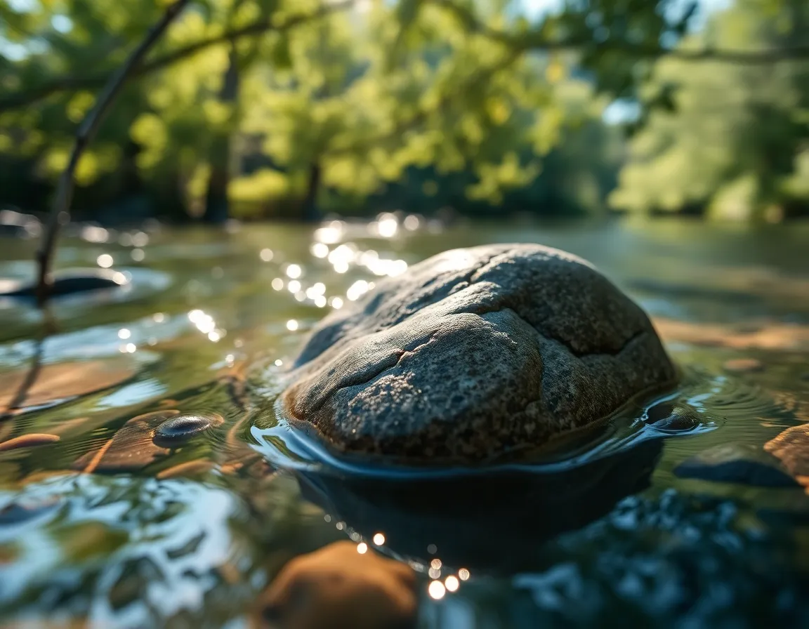 This captivating macro photograph focuses on a smooth river stone, partially submerged in crystal-clear water. Soft, dappled sunlight enhances the serene blues and earthy greens, while gentle ripples create a soothing background blur. The composition isolates the stone, showcasing its smooth texture against the calming water, evoking a sense of tranquility and connection to nature. This image invites viewers to appreciate the beauty of natural elements.