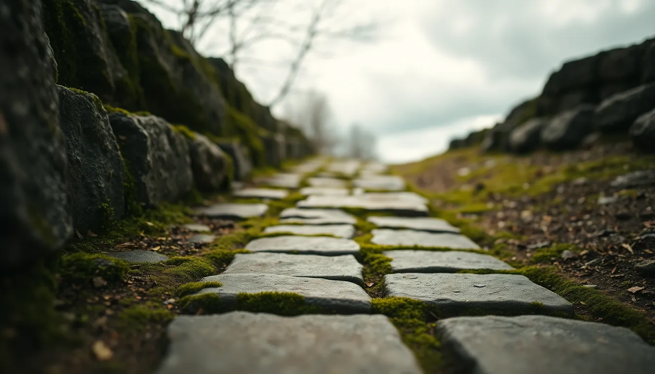 This image highlights the rugged beauty of an ancient stone wall during golden hour. The warm backlighting accentuates the textures and details of each stone, creating a captivating interplay of light and shadow. The soft bokeh backdrop brings attention to the weathered surface, with earthy tones of gray and brown harmonizing with bits of green moss. Perfectly composed to draw the eye to the left, this image evokes a sense of history and natural beauty.