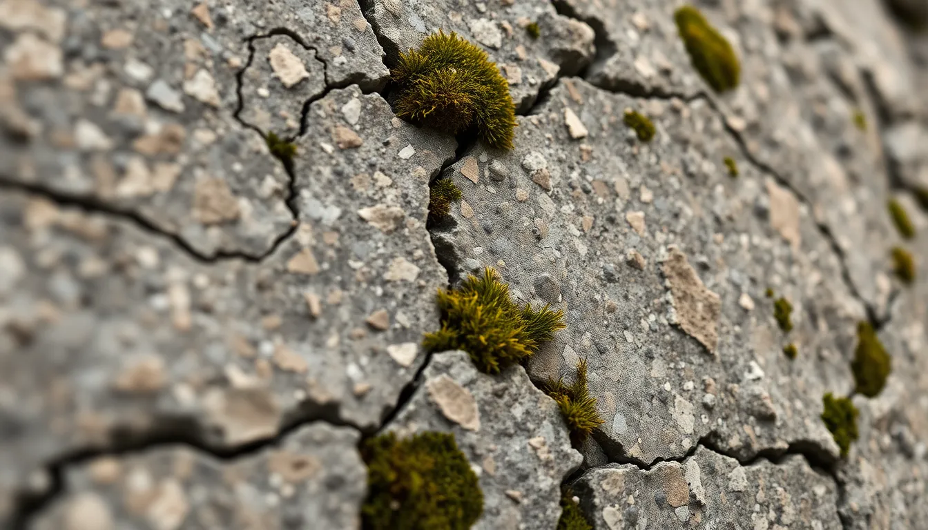Intricate Weathered Granite Surface This close-up captures the detailed texture of a weathered granite stone, revealing intricate cracks and patches of moss. Soft overcast light enhances the natural muted tones, while a shallow depth of field brings focus to the stone's surface. The composition follows the rule of thirds, drawing attention to the unique mineral deposits. This image evokes a sense of natural beauty and timelessness.