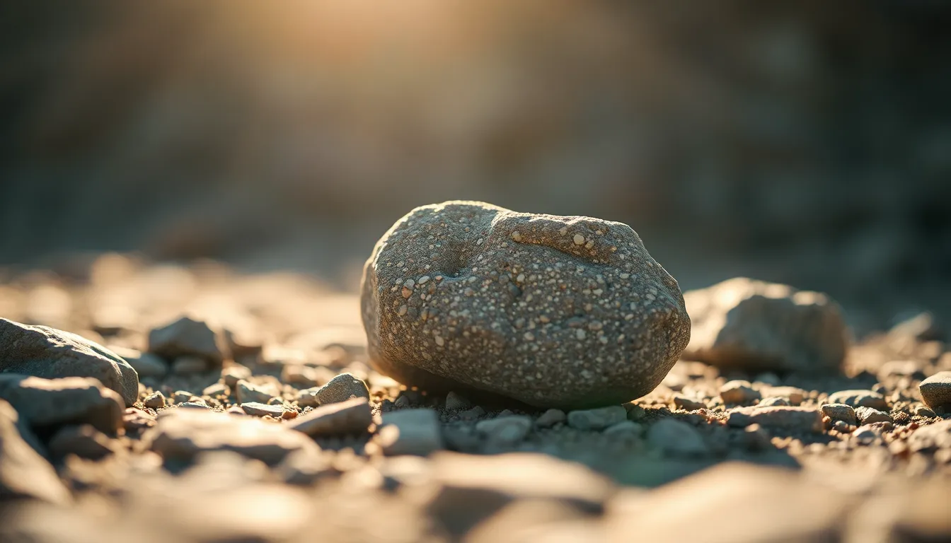 Isolated Rough Stone Detail An intimate macro shot of a single rough stone, captured under beautifully diffused sunlight that highlights its unique surface character. The shallow depth of field isolates the stone, emphasizing its granular texture and subtle color variations. The natural muted tones evoke a calm atmosphere, making this image perfect for showcasing natural textures in various applications. The centered composition draws the viewer’s eye directly to the stone's beauty, inviting contemplation.