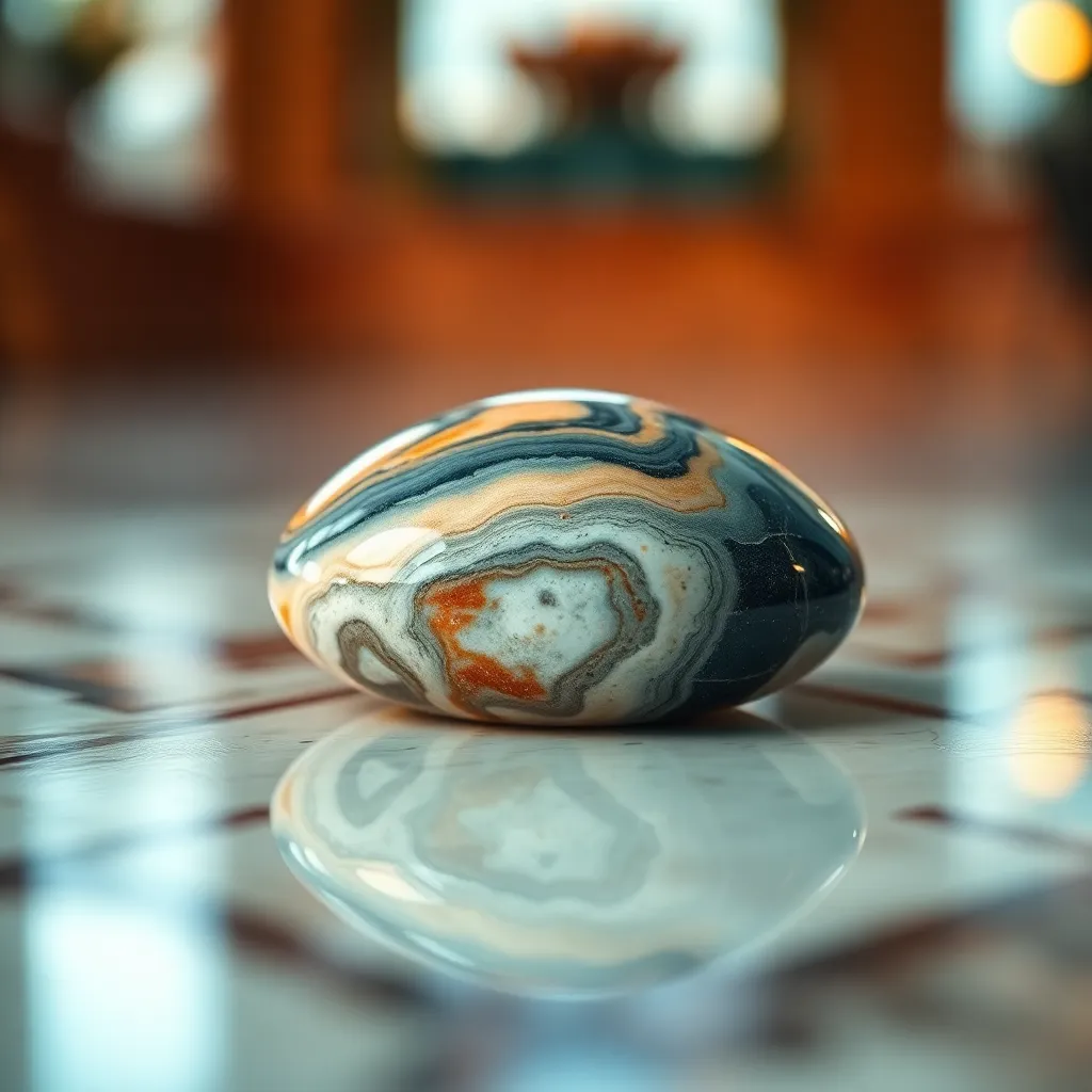 This close-up image beautifully illustrates a polished marble stone, capturing its glossy finish and intricate swirling patterns. The soft diffused daylight enhances the marble's natural colors, while a shallow depth of field creates a stunning bokeh effect. The teal and orange color grading adds a cinematic touch, making the marble the captivating focal point of the composition.