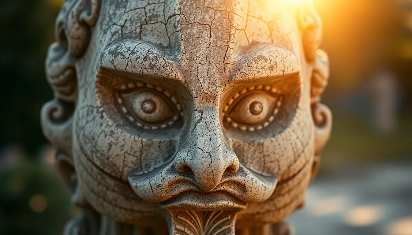 This macro image showcases the intricate details of a weathered stone sculpture illuminated by warm afternoon light. The centered symmetrical composition draws attention to the artistry and craftsmanship while the shallow depth of field creates a dreamy background. Rich and saturated colors bring the stone to life, with fine lines and cracks revealing the beauty of age. This image captures the essence of a forgotten masterpiece, inviting viewers to appreciate the intersection of art and nature.