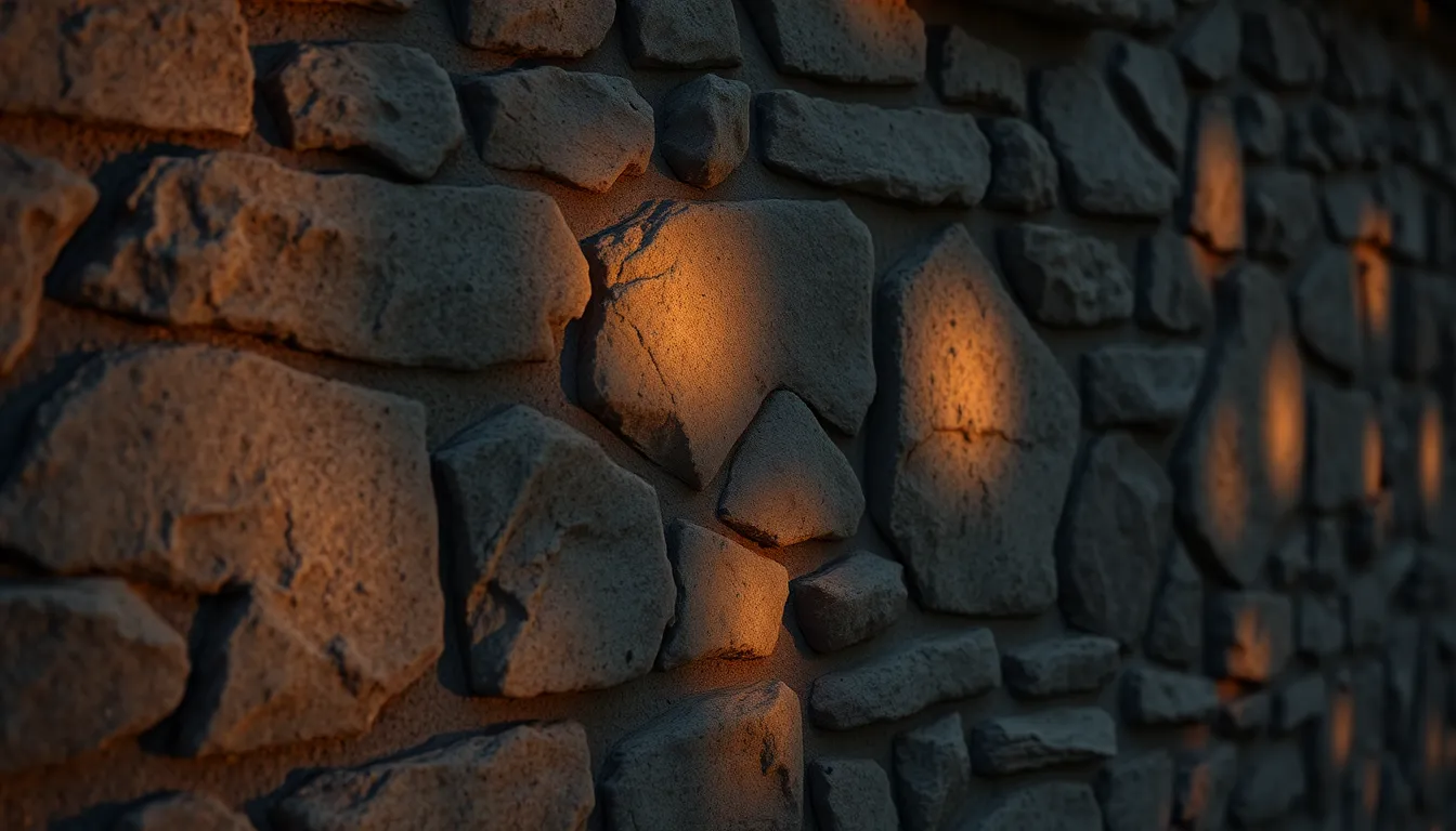 Stone Wall Illuminated by Firelight This evocative image depicts a rugged stone wall bathed in the flickering glow of firelight. The hyperfocal clarity reveals every texture, from the aged stones to the shadows dancing across the surface. Muted tones combine with the natural ambiance, immersing the viewer in a cozy, inviting atmosphere, perfect for storytelling.