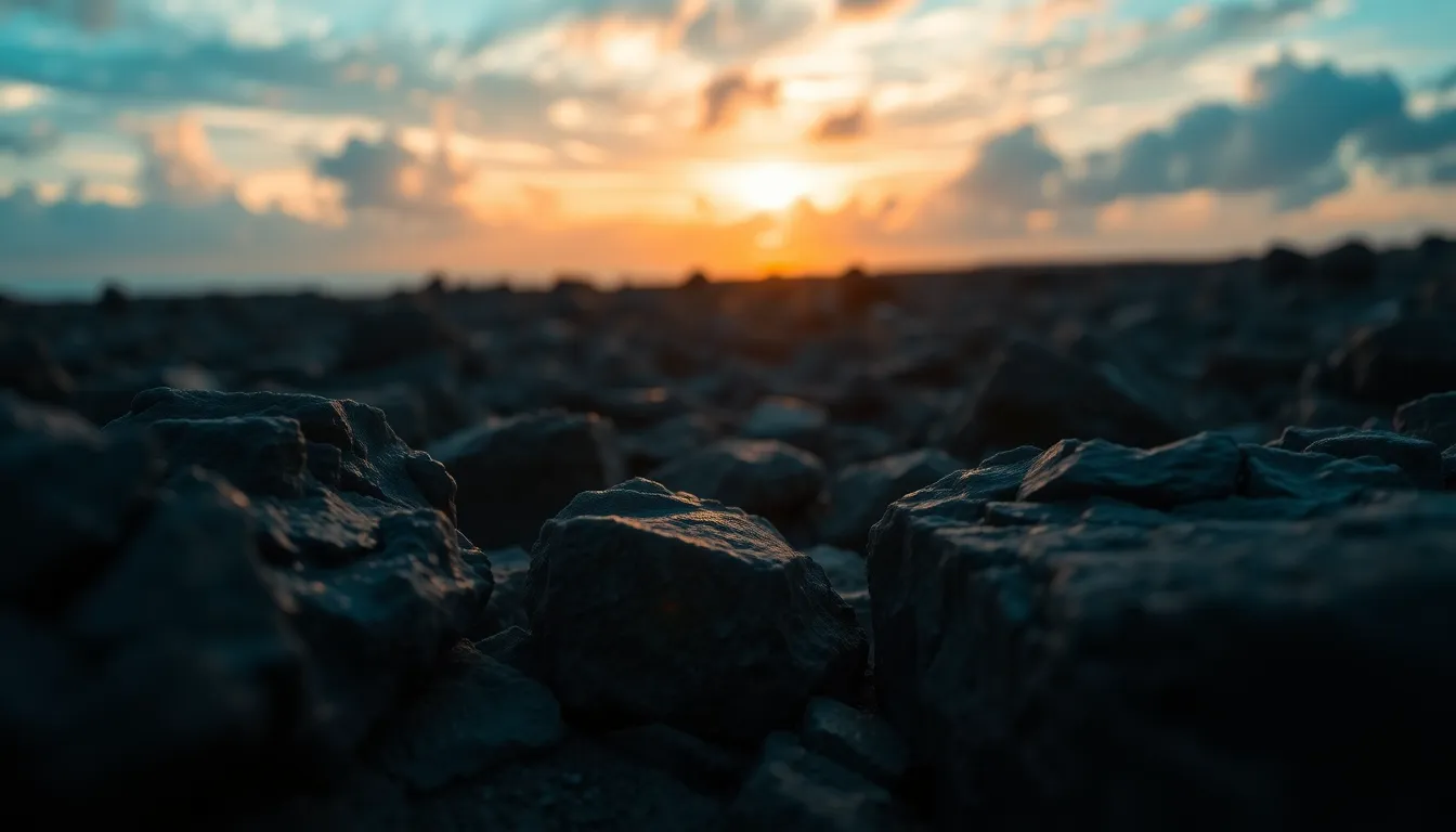 A breathtaking image of rough volcanic rocks, prominently displayed against the backdrop of a stunning sunrise. The dappled light creates soft highlights that accentuate the unique textures of the rocks. Selective focus draws the viewer's attention to the details while the cinematic color grading enhances the warm and cool tones of the sunrise. This composition captures the essence of natural beauty.