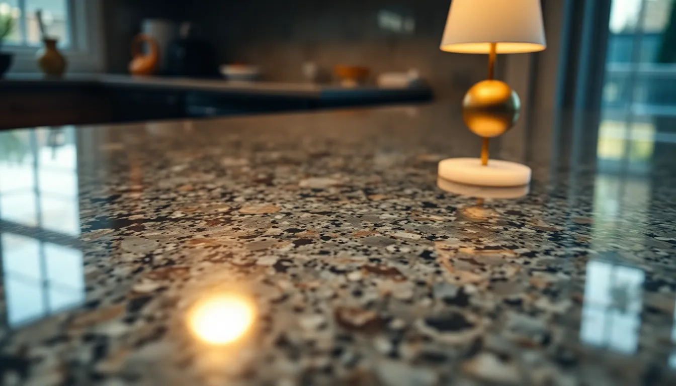 This stunning macro image presents a close-up view of a polished granite countertop, where the intricate textures and vibrant speckles come to life under warm ambient light. The use of selective focus enhances the granite’s reflective surface, creating a dynamic interplay between light and pattern. With natural muted tones dominating the color palette, the composition combines artistic elegance with a sense of luxury, making it ideally suited for interior design themes.