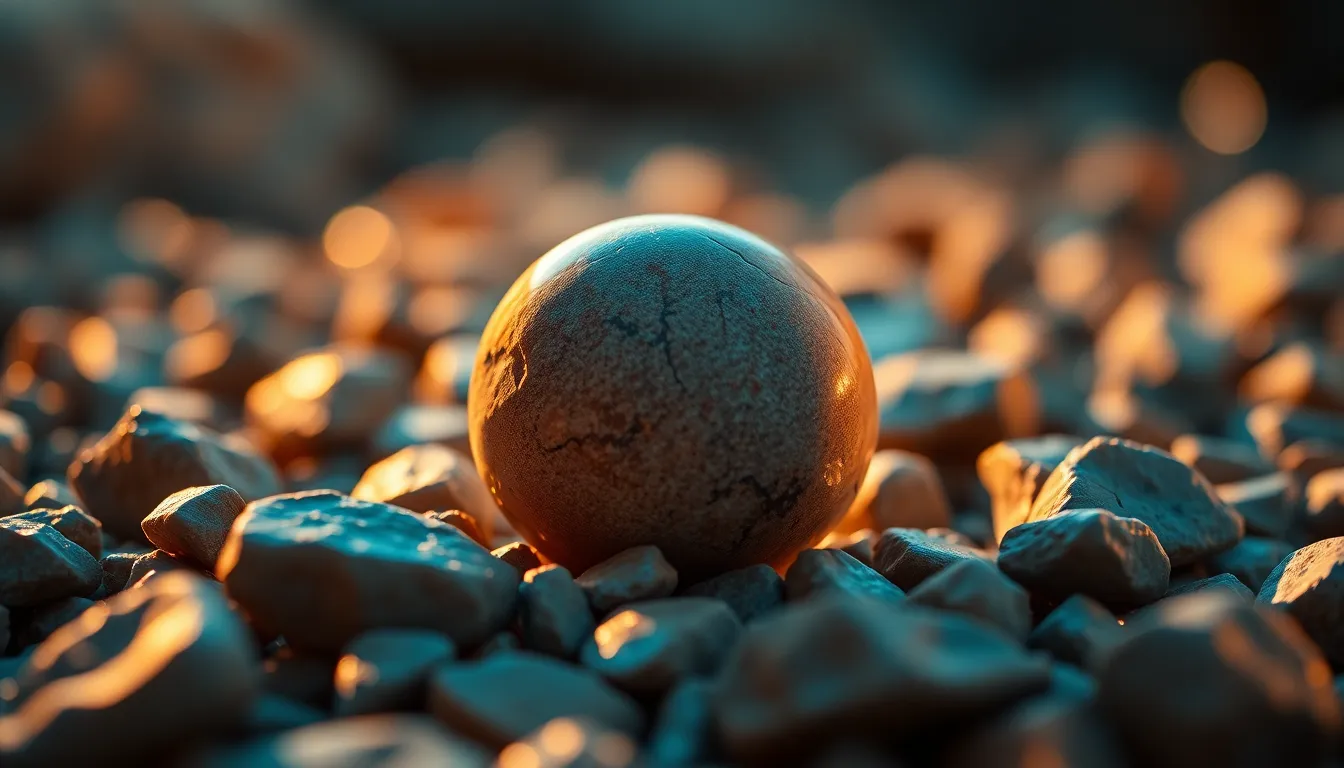 This striking macro shot captures a polished stone elegantly illuminated by warm tungsten light, creating stunning highlights that enhance its surface. The shallow depth of field isolates the stone, while the surrounding raw stone fragments provide an intriguing texture contrast. Cinematic teal and orange grading enhances the mood, making it visually captivating. The composition adheres to the rule of thirds, creating an engaging visual flow.