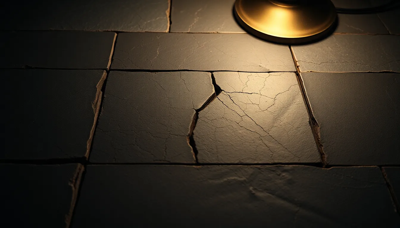 This close-up image features a geometric arrangement of cracked slate tiles, showcasing their unique textures and beautiful color variations. Illuminated by warm tungsten light, the interplay of shadows highlights the intricate details of the slate, creating a sense of elegance and depth. The tilted angle compels the viewer’s attention toward the central crack, inviting exploration of the slate's natural beauty. Ideal for architectural and design themes.