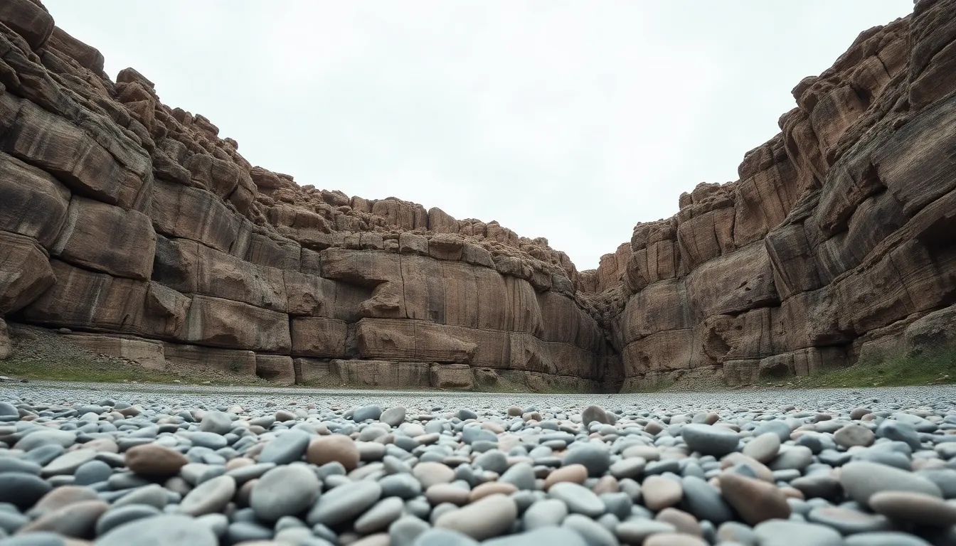 This striking medium format image presents a rugged stone cliff under soft overcast light, emphasizing its layered textures and natural beauty. The hyperfocal distance ensures that every detail, from the smooth pebbles in the foreground to the distant cliff surface, is in sharp focus. Muted tones create a serene atmosphere, while the centered symmetrical composition draws attention to the cliff's grandeur and intricate patterns.