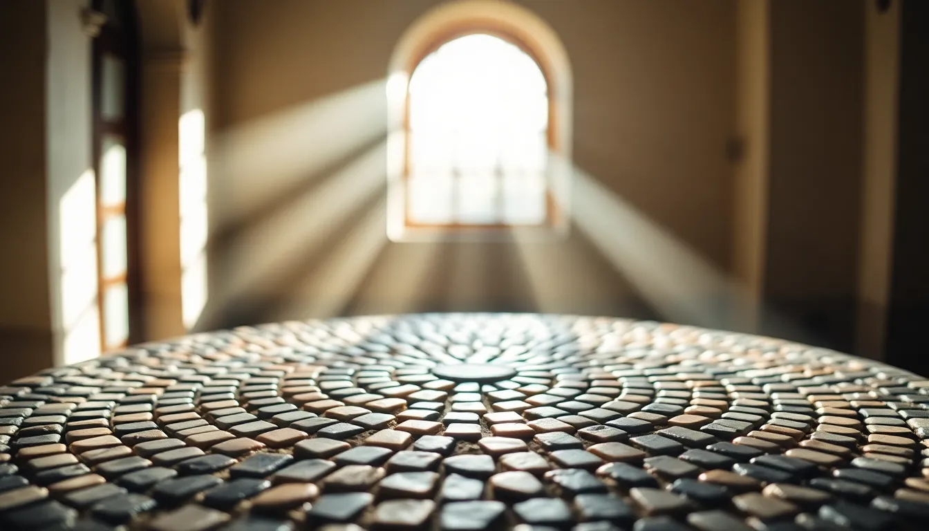 The image captures an exquisite mosaic stone tabletop, beautifully illuminated by soft diffused light from a nearby window. The intricate patterns formed by various stones create a stunning visual effect. The shallow depth of field draws attention to the mosaic while blurring out the background to enhance focus. Muted colors lend an air of sophistication, making this a captivating still-life composition.