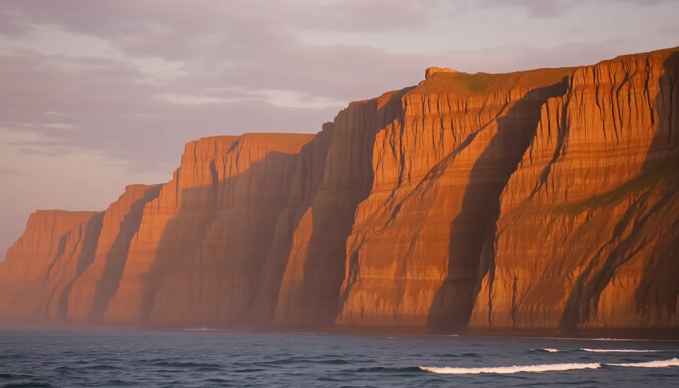 This breathtaking landscape photograph showcases rugged limestone cliffs bathed in the soft light of dawn. The natural colors blend harmoniously with a hint of lavender in the sky, creating a tranquil mood. A hyperfocal distance captures every detail from foreground to background, while leading lines draw viewers' eyes across the dramatic shapes of the cliffs and down to the ocean waves below. The image evokes a sense of awe and adventure.