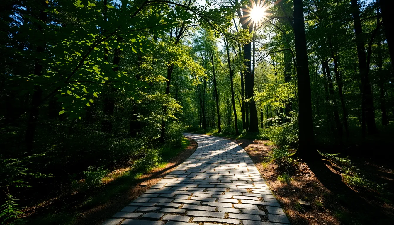 This enchanting image showcases a charming stone pathway in a lush forest, perfectly captured in vibrant colors as sunlight filters through the trees. The dappled light creates a beautiful pattern of shadows on the stones, enhancing the scene's depth. The leading lines of the pathway invite the viewer to journey into the greenery, while the rich earth tones and sharp details evoke a sense of tranquility and connection to nature.