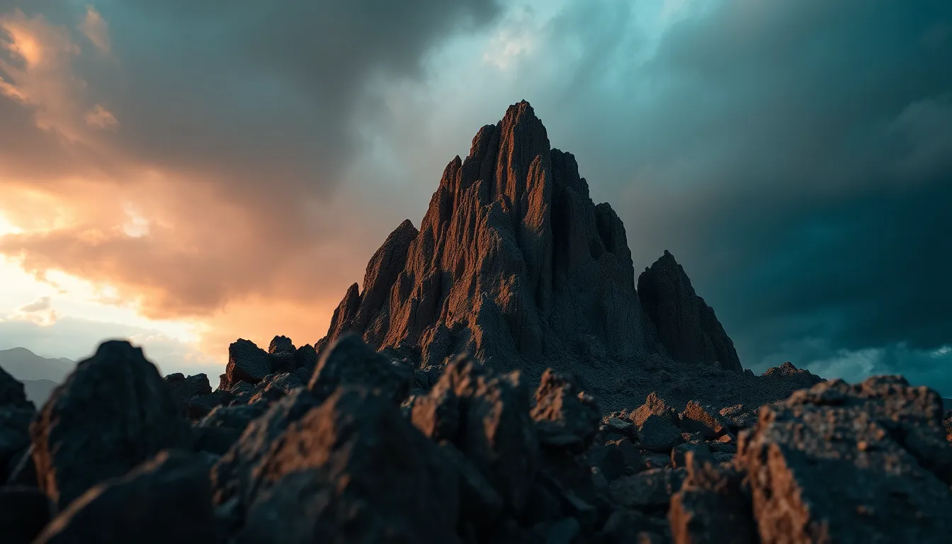 This captivating image captures a jagged mountain peak under a late afternoon storm, with dark clouds swirling above. The photograph's selective focus reveals stunning textures and layers in the stone, while the surrounding landscape fades into a soft bokeh. Enhanced with cinematic teal and orange grading, the scene conveys a sense of anticipation and raw nature. Leading lines throughout the rocky terrain guide the viewer's gaze upward, highlighting the peak's dramatic height.