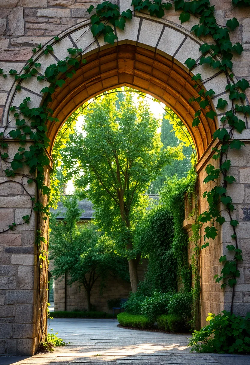 This captivating image features a historic stone archway embraced by lush greenery, bathed in the glow of late afternoon sunlight. The interplay of light creates dramatic shadows, accentuating the textures of the weathered stones and the vibrant green vines. The composition leads the viewer's eye through the arch, inviting exploration and evoking a sense of timelessness. Richly saturated colors enhance the warmth of the scene, creating a nostalgic and inviting atmosphere.