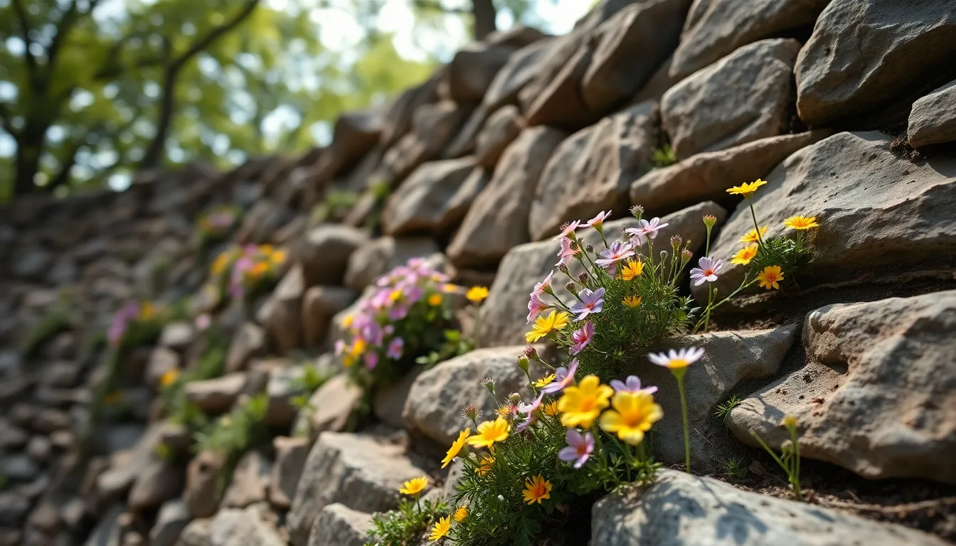 This captivating macro shot highlights a rugged stone wall adorned with vibrant wildflowers. Natural daylight filters softly through the trees, emphasizing the textures of the stones and the brilliant colors of the blooms. With a shallow depth of field, the flowers pop against a blurred backdrop of stone, creating an enchanting focal point. Ideal for conveying the beauty of nature and architectural elements.