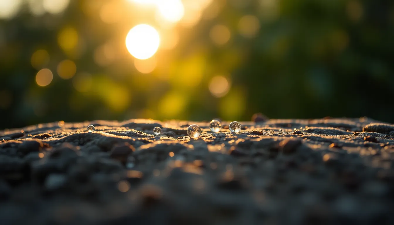 This enchanting image captures the delicate beauty of morning dew droplets resting on a rough stone surface, bathed in warm golden hour light. The shallow depth of field creates a dreamy atmosphere, where the glistening droplets stand out against the softly blurred foliage. The earthy tones and textures of the stone evoke a sense of tranquility, making it a perfect representation of the peaceful moments in nature. This photograph invites viewers to appreciate the subtle details found in the natural world.