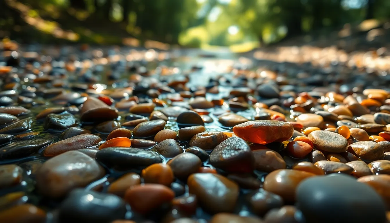 Colorful Pebbles on a Serene Riverbed This stunning close-up reveals the intricate patterns of colorful pebbles nestled along a tranquil riverbed. Natural dappled sunlight enhances the warm, muted tones of the stones, bringing out their unique textures and forms. The soft background blur invites the viewer to focus on the vibrant colors and natural beauty of the foreground. This image evokes a sense of calm and connection to nature, perfect for projects highlighting the wonders of the natural world.