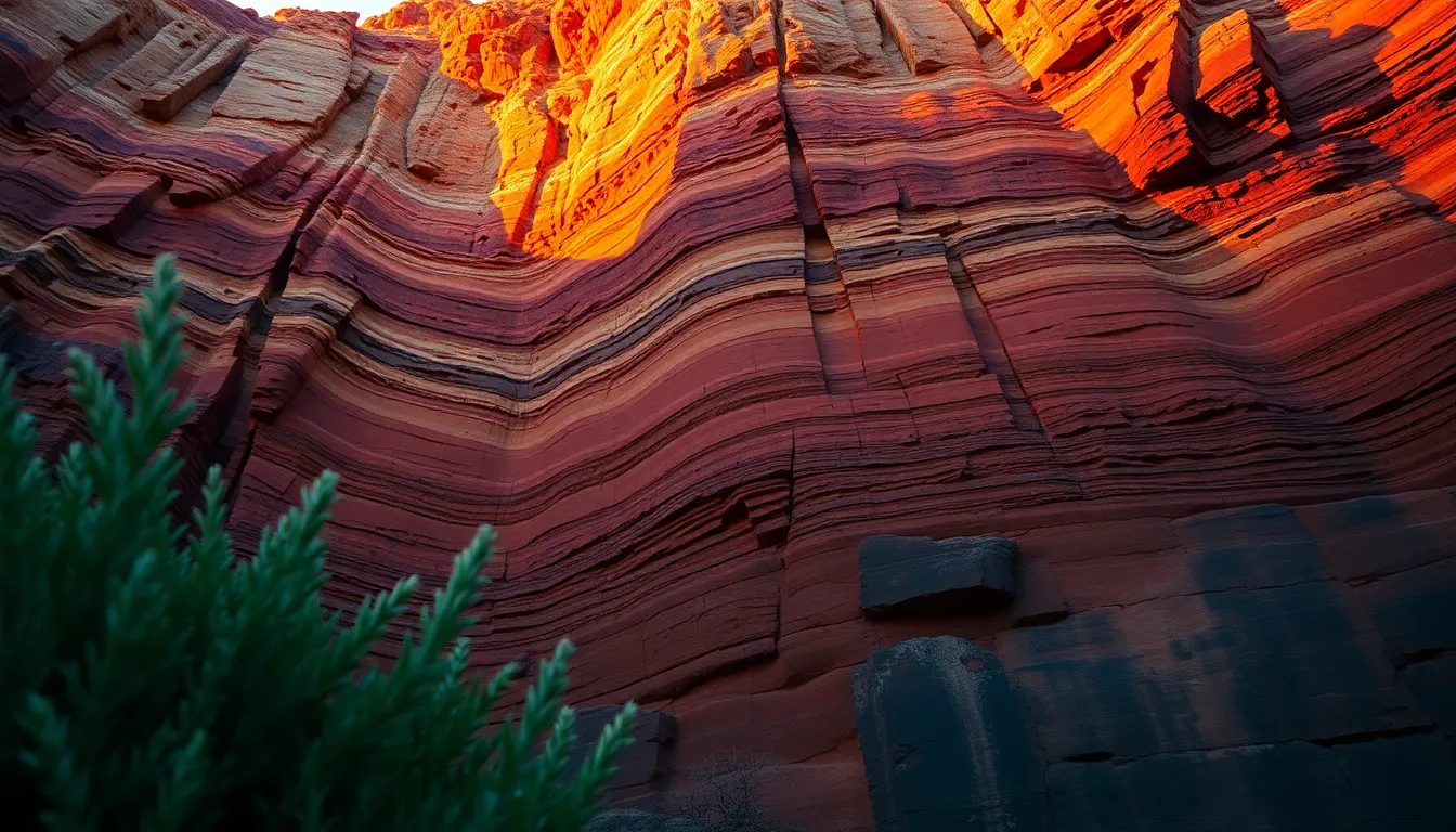 A breathtaking view of a dramatic stone cliff during the golden hour captures the vibrant colors and intricate geological layers of rock. Backlit by the setting sun, the stones emit a warm glow, creating a stunning contrast against the cooler shadows. The sharp detail from the hyperfocal distance ensures both foreground and background elements enhance the scene's grandeur. Ideal for showcasing natural beauty and geological formations.