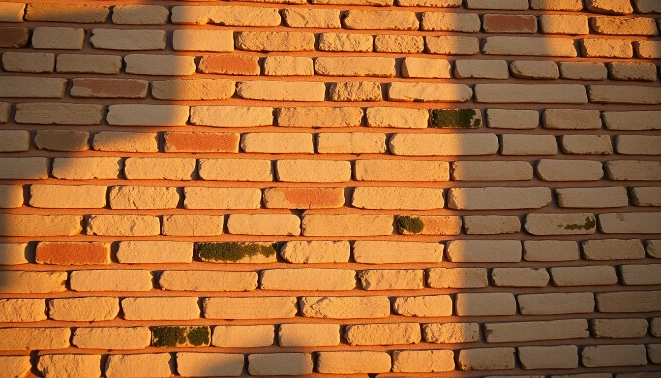 This captivating image captures a weathered stone wall illuminated by the warm glow of golden hour sunlight. The shadows stretch dramatically across the surface, adding depth and character to the scene. The historic bricks exhibit a rich texture with moss growing in the cracks, showcasing nature's reclaiming touch. The warm color palette evokes nostalgia, making it ideal for storytelling around architecture and heritage.