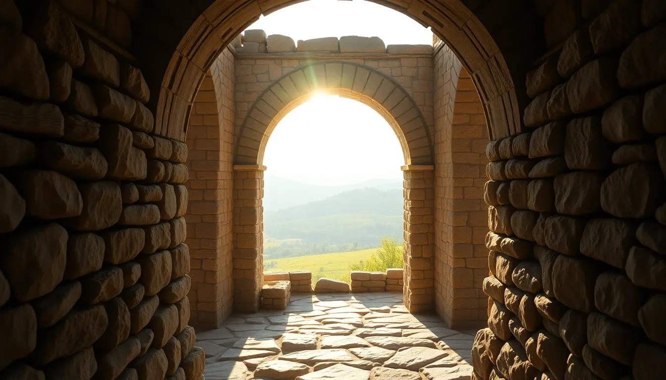 This image captures the beauty of an intricate stone archway bathed in soft morning light. The sharp details of the stonework, including visible grain and texture, create a captivating focal point. The symmetrical composition leads the eye through the arch, inviting exploration of the surrounding landscape. Enhanced by a warm Kodak Portra 400 color palette, the scene radiates tranquility and timelessness.