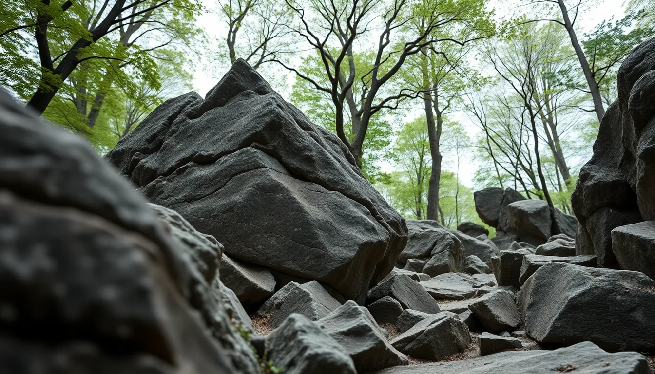 Granite Stone Formations in Forest An expansive view of smooth granite stone formations nestled within a serene forest, captured under soft overcast lighting. The image showcases the vibrant colors and textures of the stones, enhanced by the rich saturation reminiscent of Fujifilm Velvia. Leading lines among the rocks draw the viewer’s eye deeper into the natural setting, while the sharp focus highlights the intricate details of the granite surface. This tranquil scene evokes a sense of calm and connection to nature.