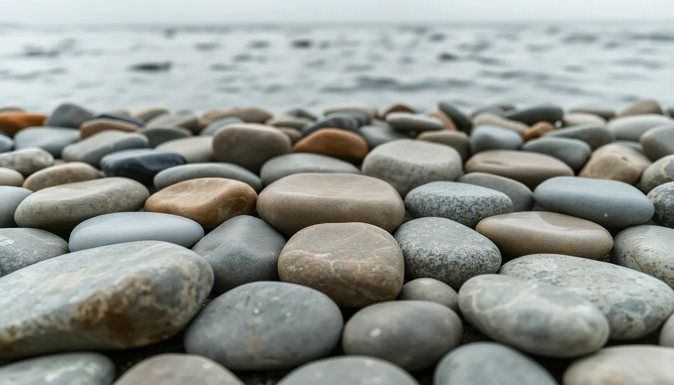 This serene image features a carefully arranged collection of smooth river stones, illuminated by soft, diffused daylight. The gentle overcast sky provides an even light that accentuates the unique colors and textures of each stone, ranging from muted greys to soft blues. The symmetrical composition invites viewers to appreciate the balance and harmony present in nature, while the hyperfocal clarity ensures every detail shines through in stunning photorealism.