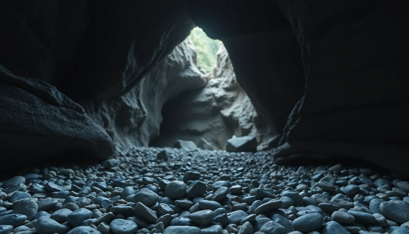 This captivating image portrays the interior of a rocky cave illuminated by soft, overcast daylight. The muted grays and blues create a serene atmosphere while intricate textures of the stones come to life. With leading lines guiding the eye toward the cave's depths, the viewer is invited to explore the intricacies of nature's formations. Water droplets clinging to the stones add a refreshing touch, making this image an evocative representation of geological beauty.