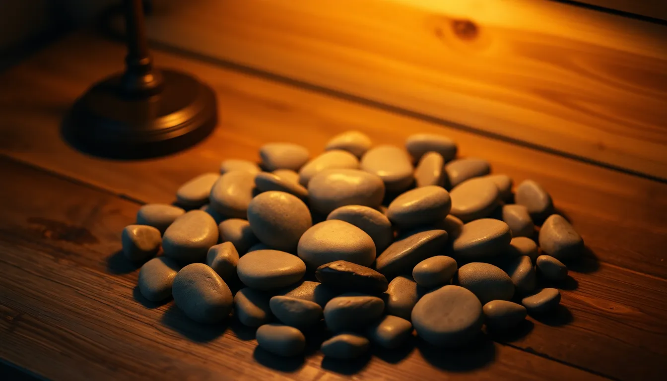 This captivating image showcases a circular arrangement of smooth river stones illuminated by a warm tungsten desk lamp. The intimate atmosphere created by the lighting enhances the stones' polished surfaces, revealing their soft textures. Captured in sharp focus, the gentle variations in color and form draw the viewer's eye. Set on a rustic wooden surface, this composition harmonizes natural elements, evoking a sense of tranquility and simplicity.