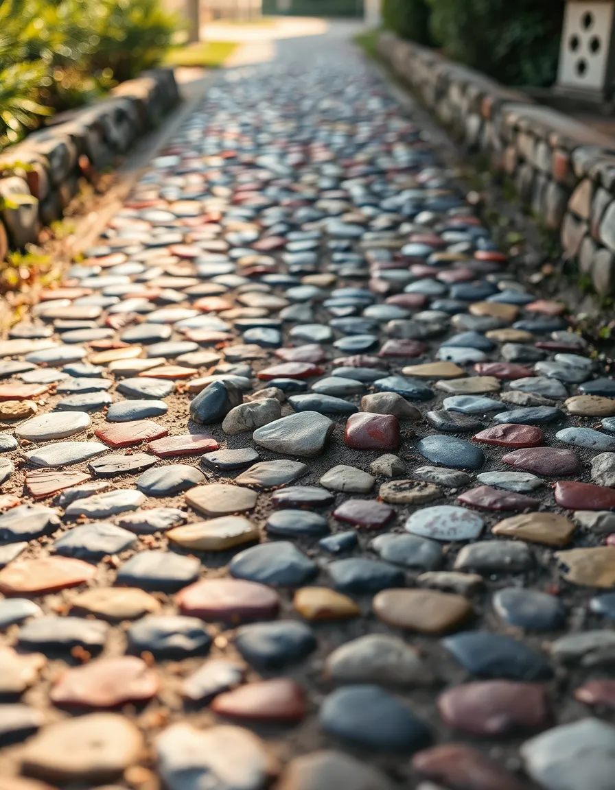 This vibrant image showcases a mosaic of colorful stones adorning a pathway, beautifully illuminated by gentle morning light. The rich textures and vibrant colors come together to create an artistic arrangement that captures the viewer’s attention. A symmetrical composition highlights the meticulous design, while the sharp detail invites exploration of the individual stones. This photograph encapsulates the charm and artistry of stonework in garden pathways.