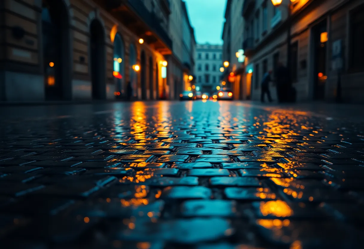 This atmospheric image captures a textured cobblestone street glistening after rain. Warm tungsten light reflects off the wet stones, creating a captivating interplay of color and light. A shallow depth of field focuses on individual cobblestones, while cinematic teal and orange color grading enhances the moody vibe. The centered composition draws the eye into the rich details and reflections, evoking a sense of nostalgia and romance.