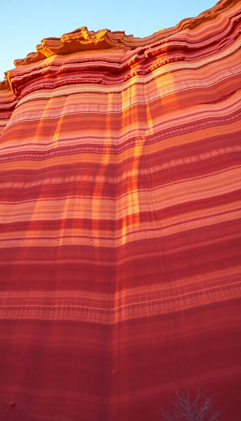 Striking Multicolored Sandstone Layers A majestic vertical shot of layered multicolored sandstone highlights the stunning erosion patterns formed over time. The golden hour light casts dramatic shadows, enhancing the vibrant oranges and reds of the stone. A centered symmetrical composition showcases the beauty of nature's artistry, making this image perfect for evoking a sense of wonder and exploration. The hyperfocal depth ensures every detail is vividly captured.