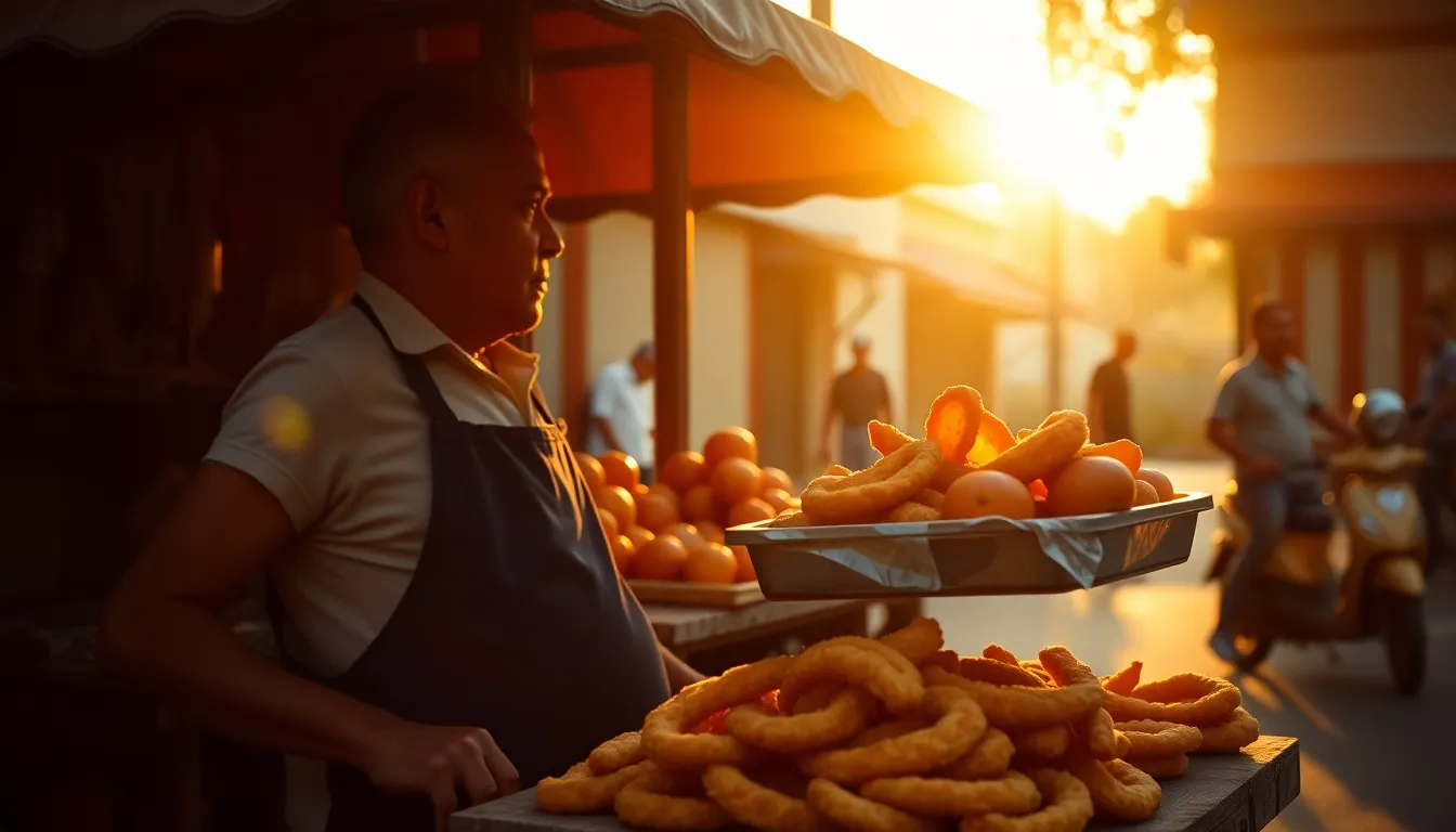 This image showcases a bustling street food vendor during the golden hour, with warm light illuminating a variety of colorful snacks. The vendor stands confidently, sporting a bright apron and a welcoming smile, while the cart is overflowing with crispy fried snacks and fresh fruits. The warm tones and creamy highlights draw the viewer in, capturing the lively atmosphere of street dining. The image composition emphasizes the vendor's engaging presence against the vibrant food display.
