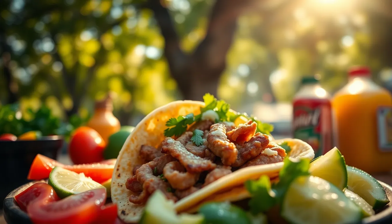 This close-up image showcases a vibrant taco, freshly prepared with colorful ingredients, amidst a naturally lit outdoor setting. Dappled sunlight filters through the trees, creating an inviting atmosphere. The soft bokeh and warm color palette highlight the freshness and deliciousness of the food, making it an appealing visual that captures the essence of outdoor street dining.