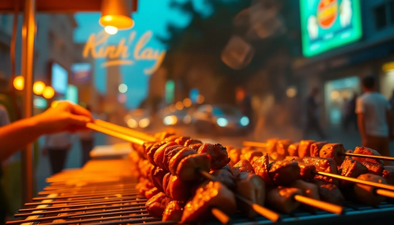 A captivating scene of a street vendor grilling skewers of meat during golden hour, illuminated by warm backlighting. The shallow depth of field creates a beautiful bokeh effect of evening city lights, enhancing the cinematic mood with teal and orange grading. Leading lines draw the eye towards the grill, capturing the texture of charred meat and the swirling smoke, embodying the vibrancy of street food culture.
