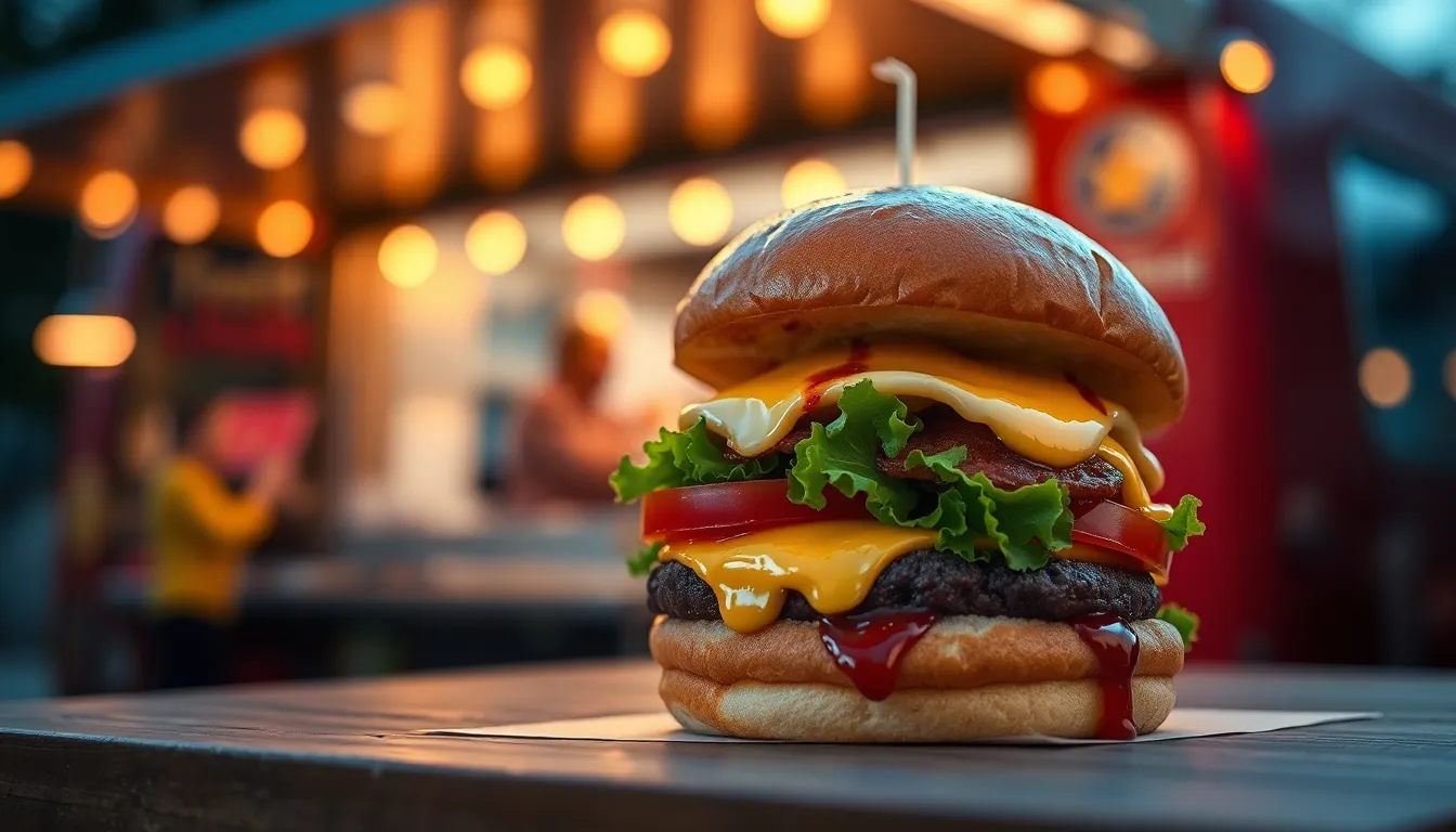 This image showcases a gourmet burger from a bustling food truck, illuminated by warm tungsten lights in the late evening. The close-up view highlights the juicy layers of the burger, with creamy cheese and fresh vegetables. The soft bokeh in the background suggests a lively atmosphere, while the warm tones create an inviting and appetizing feel. The textures of the bun and sauces add to the visual allure of this mouthwatering street food.
