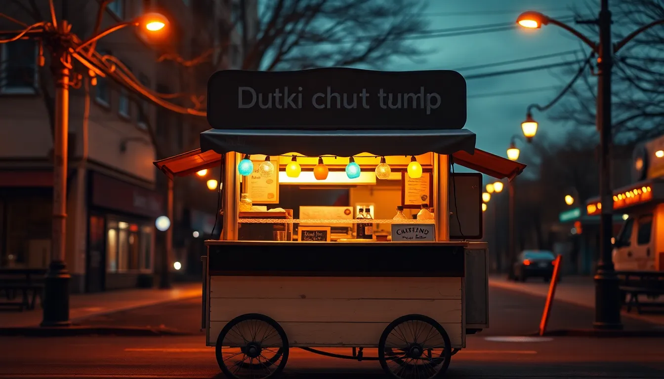 This image showcases a nostalgic food cart at dusk, illuminated by warm tungsten street lamps. The hyperfocal depth ensures clarity from foreground to background, revealing natural muted tones that capture the evening ambiance. Centered in the frame, the cart's colorful lights contrast beautifully with the worn wood and paint textures, inviting viewers to experience the charm of street food culture.