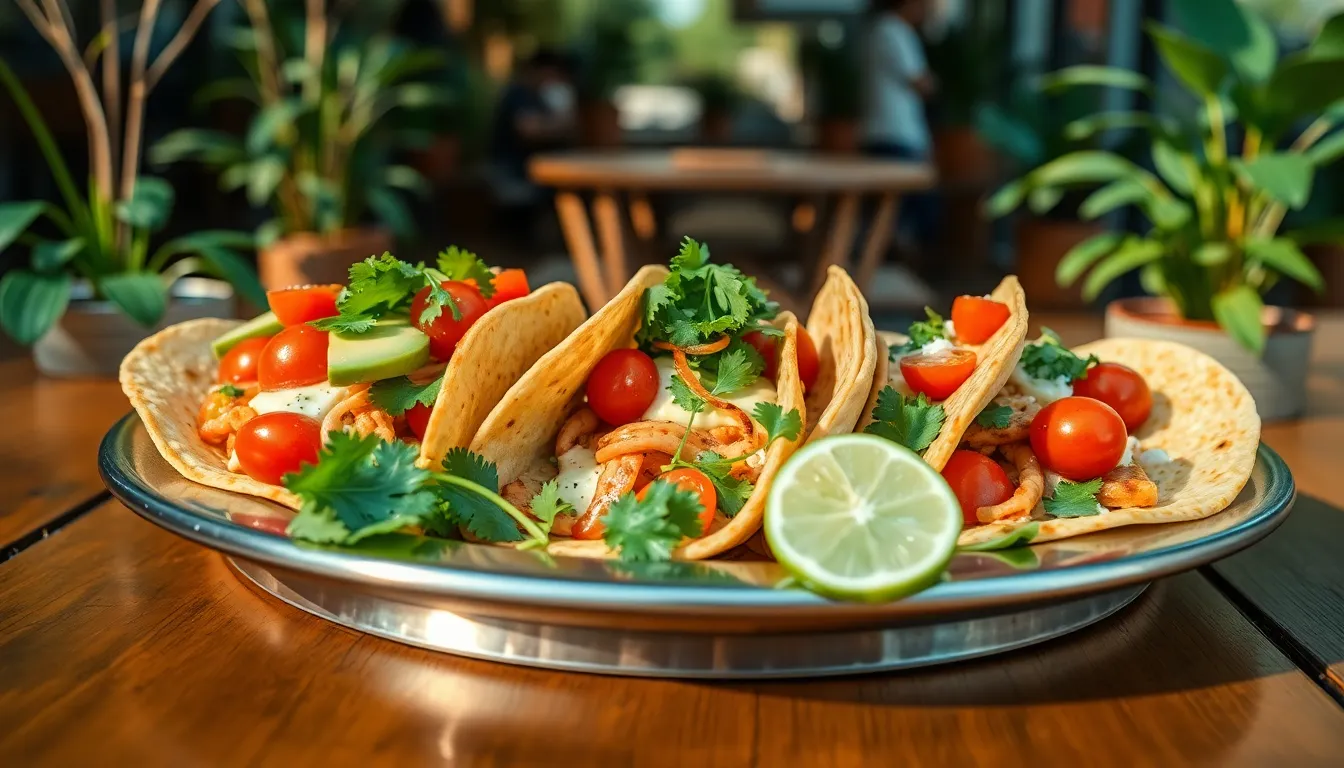 A stunning taco platter adorned with fresh ingredients like avocado and cilantro, meticulously arranged on a brushed stainless steel plate. The macro shot captures every detail, with fresh lime wedges offering a pop of color. The natural light and teal orange grading create a vibrant mood and inviting atmosphere, making it an appealing representation of street food culture in a café environment.