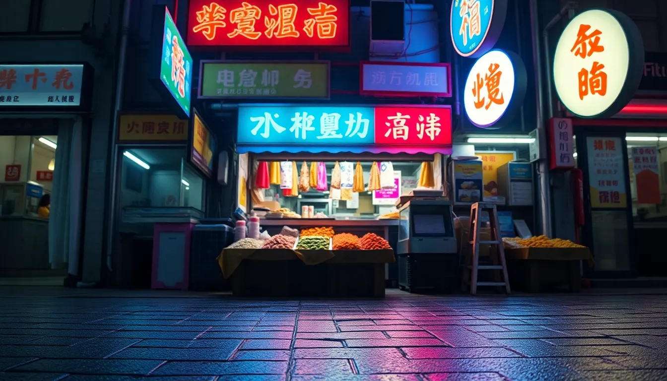 This image presents a captivating close-up of a bustling food stall, beautifully illuminated by vibrant neon signage. The reflection of blue and magenta tones on the wet pavement adds a moody ambiance, while the sharp detail of the fresh ingredients on display draws the viewer into the scene. The centered composition effectively highlights the relationship between the food and the electrifying urban environment, creating an engaging visual narrative.